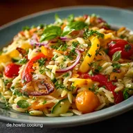Frischer Veganer Orzo Salat mit ger&ouml;stetem Gem&uuml;se Leicht Sommerlich