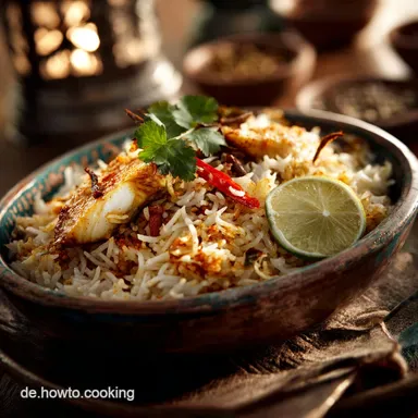 Fisch Biriyani Zarter Fisch im duftenden indischen Schichtgericht Rezeptkarte