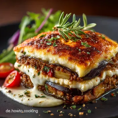 Original Moussaka Rezept Der perfekte Auflauf mit cremiger B&eacute;chamelHaube Rezeptkarte
