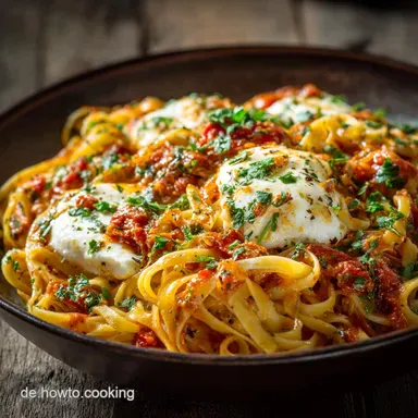 Cremige Pasta So&szlig;e mit Mozzarella Einfaches Sugo f&uuml;r schnelle FeierabendPasta Rezeptkarte