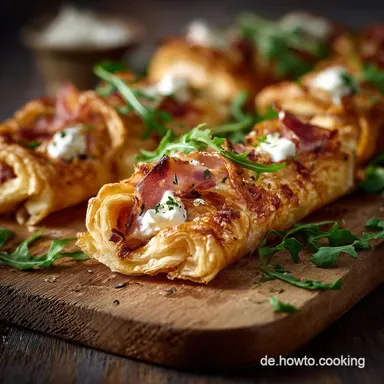 Knusprige Flammkuchentaschen aus Bl&auml;tterteig in 35 Minuten fertig Rezeptkarte