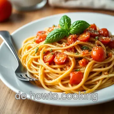 Gabelspaghetti mit frischem Basilikum und aromatischer Tomatensauce Rezeptkarte
