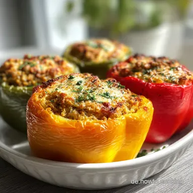 Rezept f&uuml;r gef&uuml;llte Paprika mit Hackfleisch: Ofengebacken Rezeptkarte