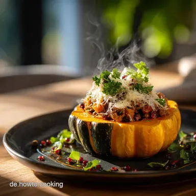 Gef&uuml;llter K&uuml;rbis mit Hackfleisch: Herzhafter Hokkaidō Klassiker Rezeptkarte