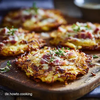 Knusprige Kartoffelpizzen Deftige R&ouml;stiPizza mit Speck und Bergk&auml;se Rezeptkarte