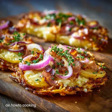 Knusprige Kartoffelpizzen FlammkuchenGenuss auf R&ouml;stiBasis Rezeptkarte