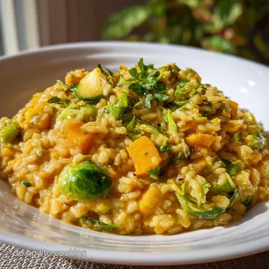 Einfaches veganes und glutenfreies K&uuml;rbis Risotto mit Rosenkohl | Herbst-Highlight Rezeptkarte