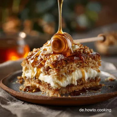 Bienenstich Kuchen: Omas bestes Rezept mit cremiger Vanillef&uuml;llung. Rezeptkarte