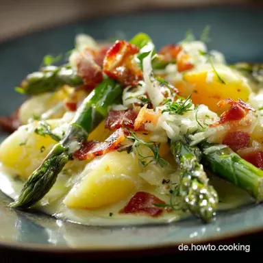 Spargelauflauf mit Kartoffeln und Speck: Der cremige Fr&uuml;hlingshit. Rezeptkarte