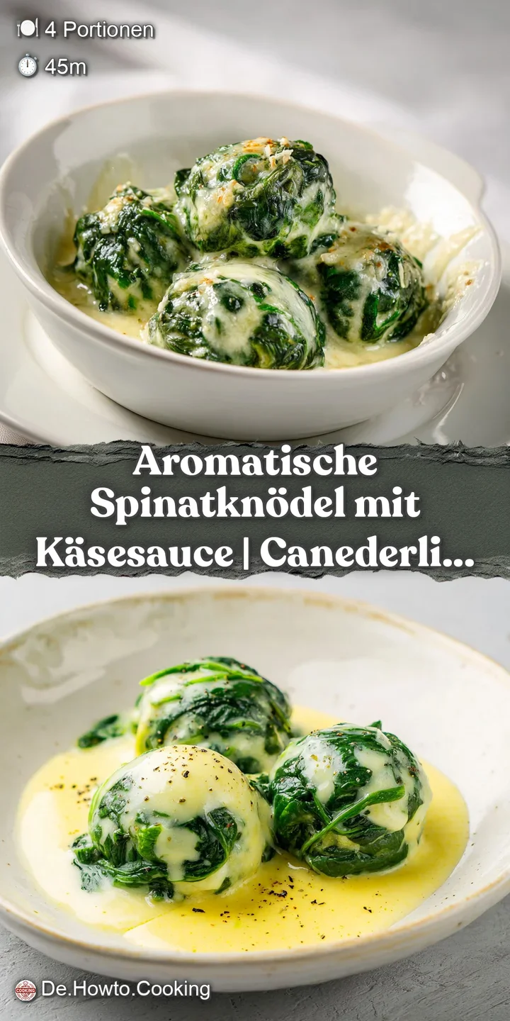 Close-up of soft, green spinach dumplings glistening with a velvety cheese sauce. Inviting texture and appetizing warmth.