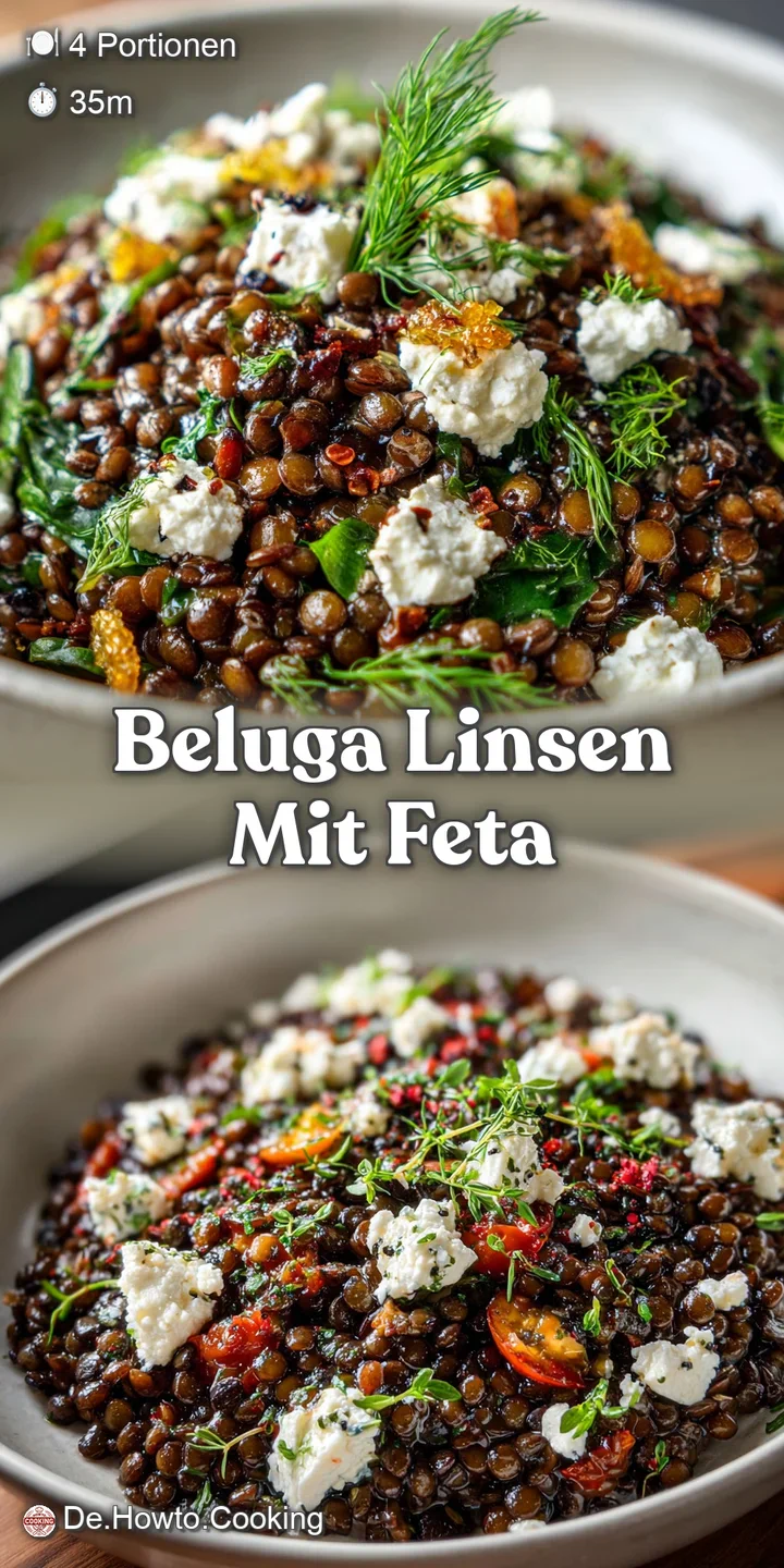 Close-up: Shiny black lentils glistening amidst crumbled white feta, red tomatoes, and fresh herbs, bursting with flavor a...