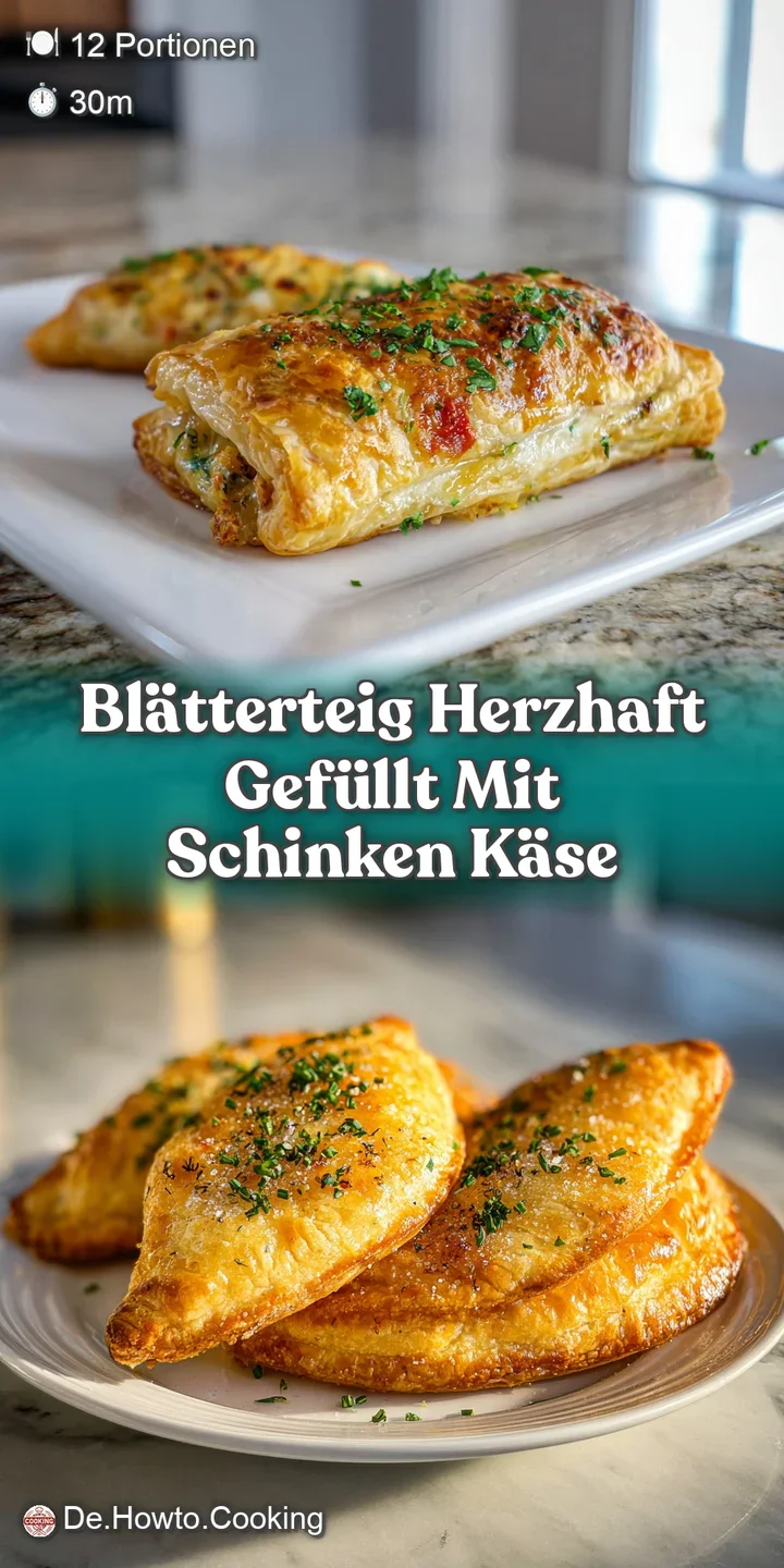 Close-up of a warm, filled puff pastry revealing a flavorful interior with flecks of herbs and melting cheese.