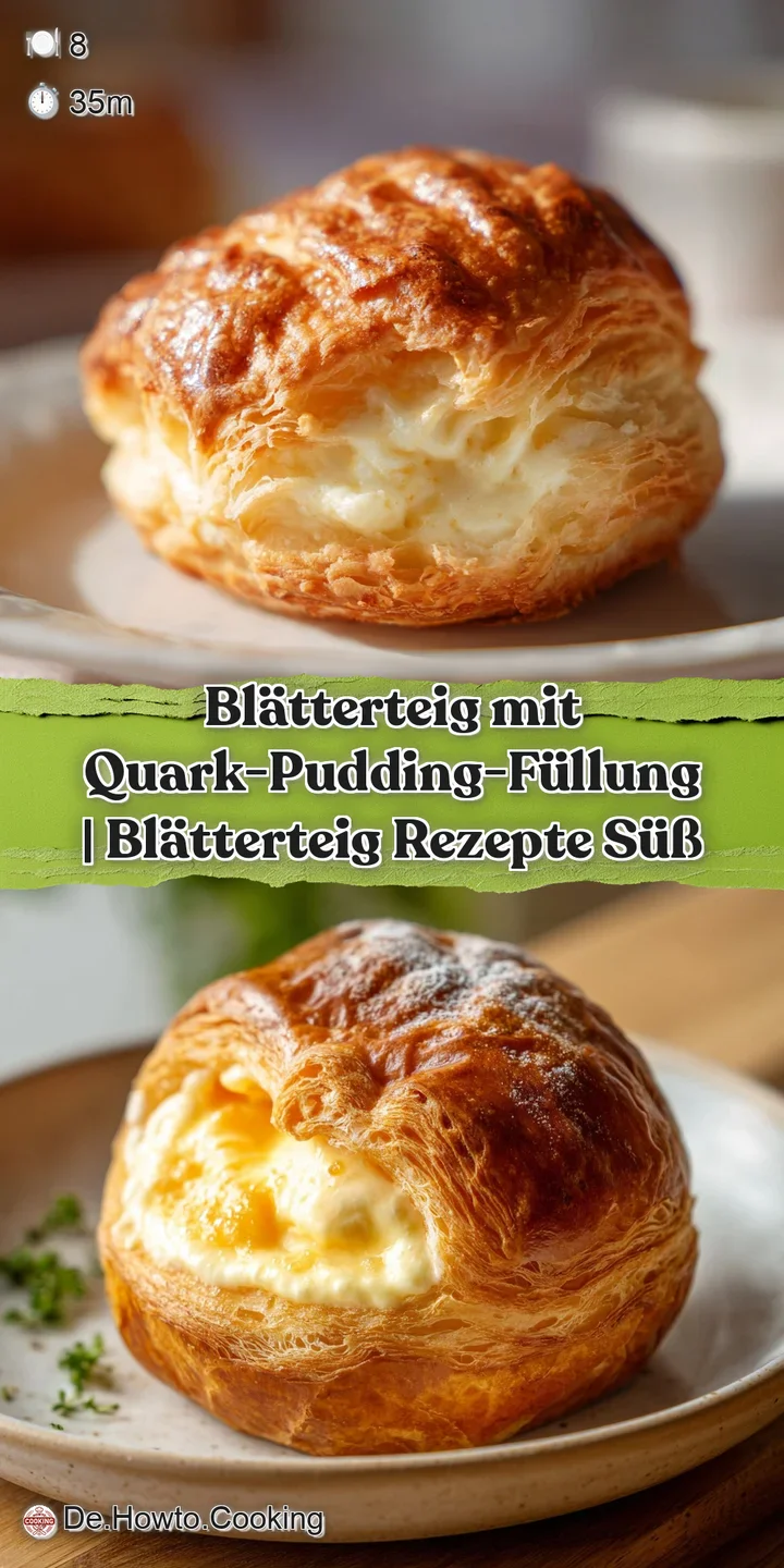 Close-up of a rich, smooth quark-pudding filling peeking from between crisp, golden-baked puff pastry layers.