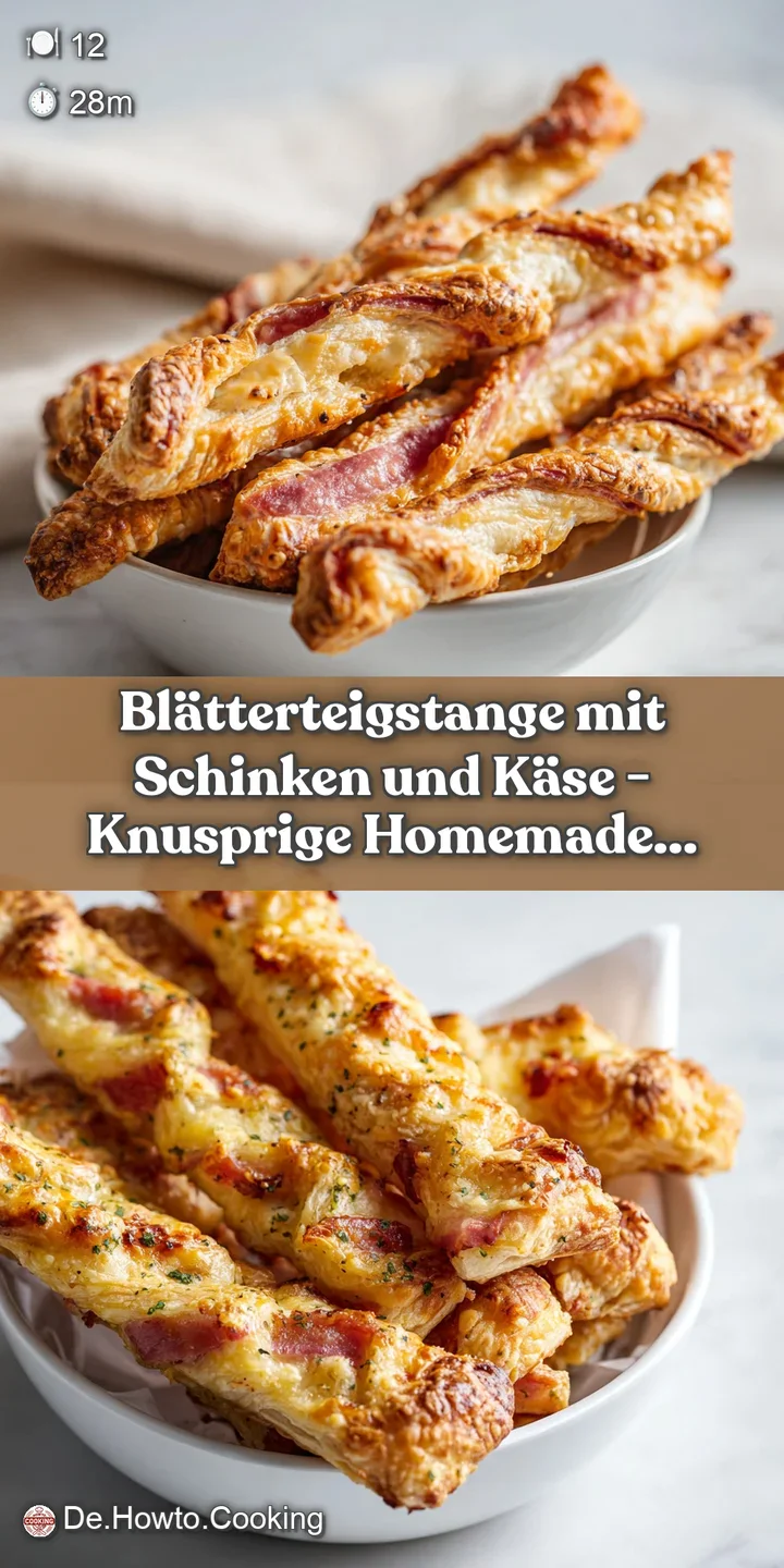 Close-up of a crispy, golden puff pastry bite, revealing melted cheese and thin slices of ham.