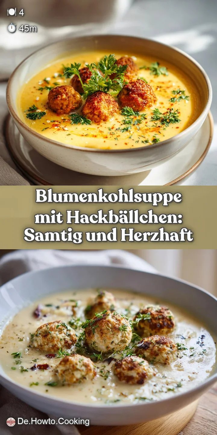 Close-up captures the velvety texture of cauliflower soup and juicy, golden-brown meatballs with flecks of herbs.