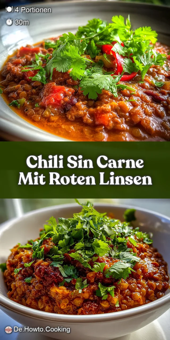 Close-up of glistening red lentil chili, showcasing the hearty texture and vibrant color, promising a flavorful, savory ex...