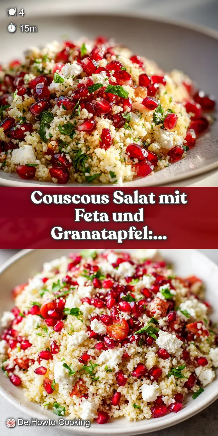 Close-up showcasing fluffy couscous, juicy pomegranate arils, salty feta, and fresh herbs with a glistening vinaigrette dr...