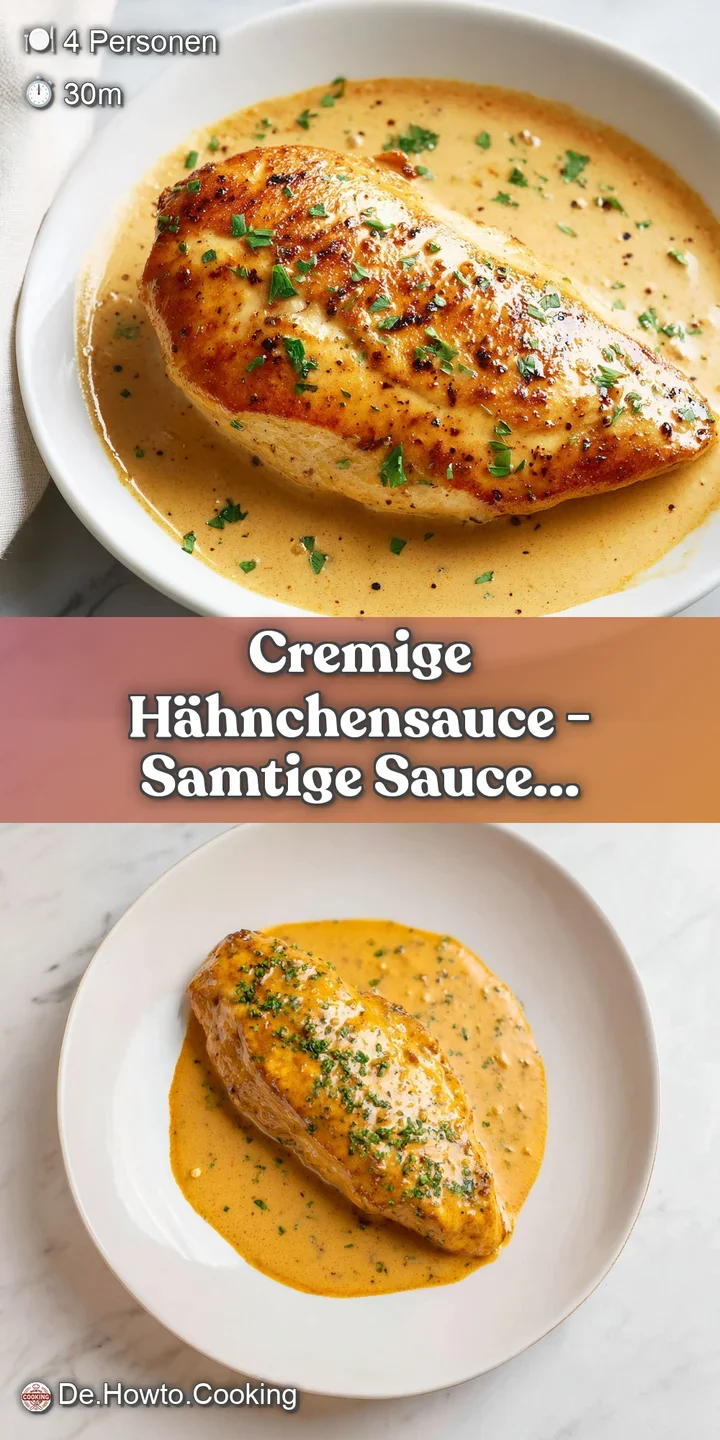 Nahaufnahme einer samtigen, hellen Sauce, die zarte H&auml;hnchenst&uuml;cke umschlie&szlig;t, mit sichtbaren Gew&uuml;rzk&ouml;rnern und Glanz.