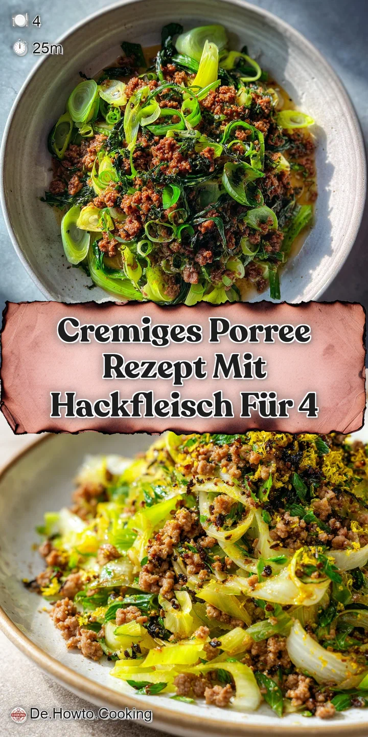 Close-up of the creamy leek and ground meat mixture, showing the rich texture and browning of the ground meat and soft leeks.