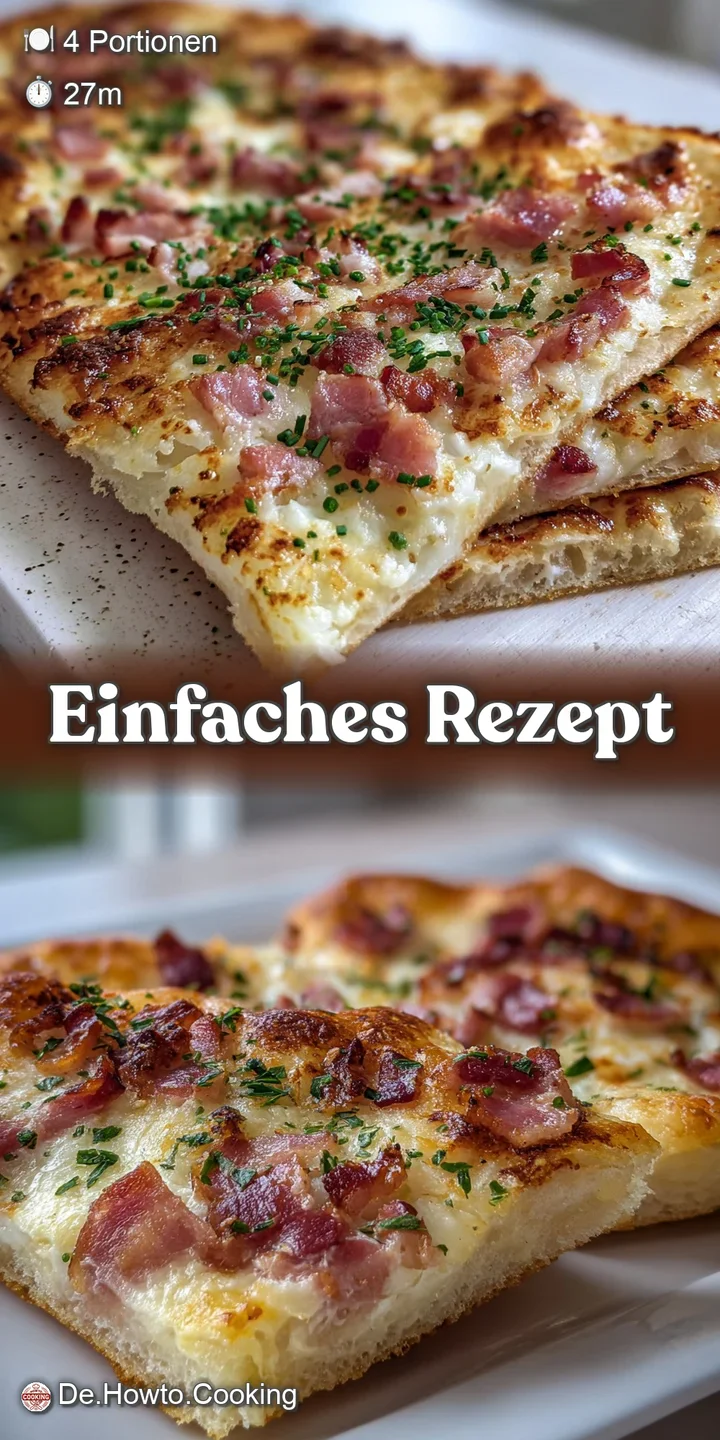 An appetizing close-up captures the blistered, golden crust and perfectly browned bacon of this creamy Flammkuchen, ready ...