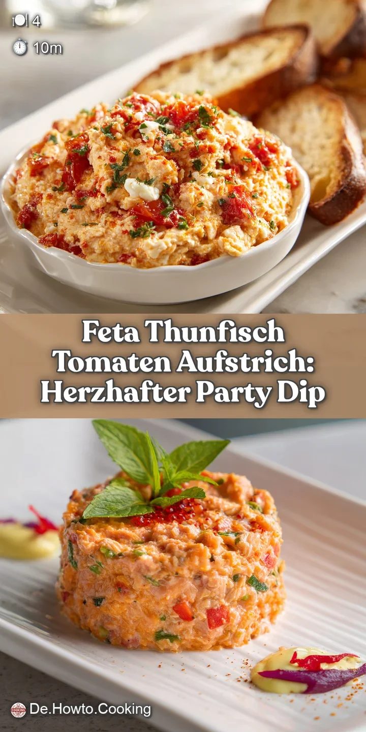 Close-up of a creamy feta tuna spread, highlighting the flaky tuna, vibrant red tomato chunks, and the crumbly texture of ...