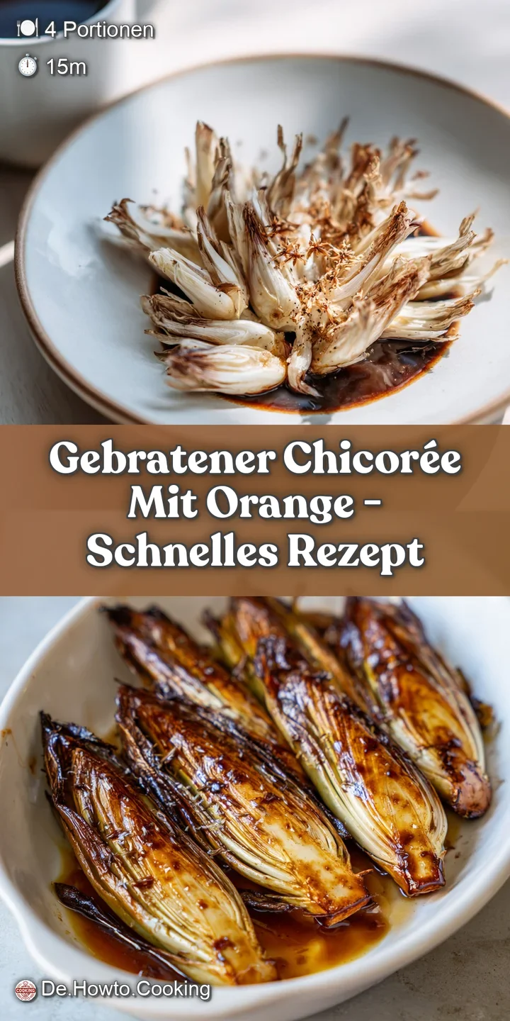 Close-up of roasted chicory with lightly charred edges, drenched in a bright orange glaze and sprinkled with chopped nuts....