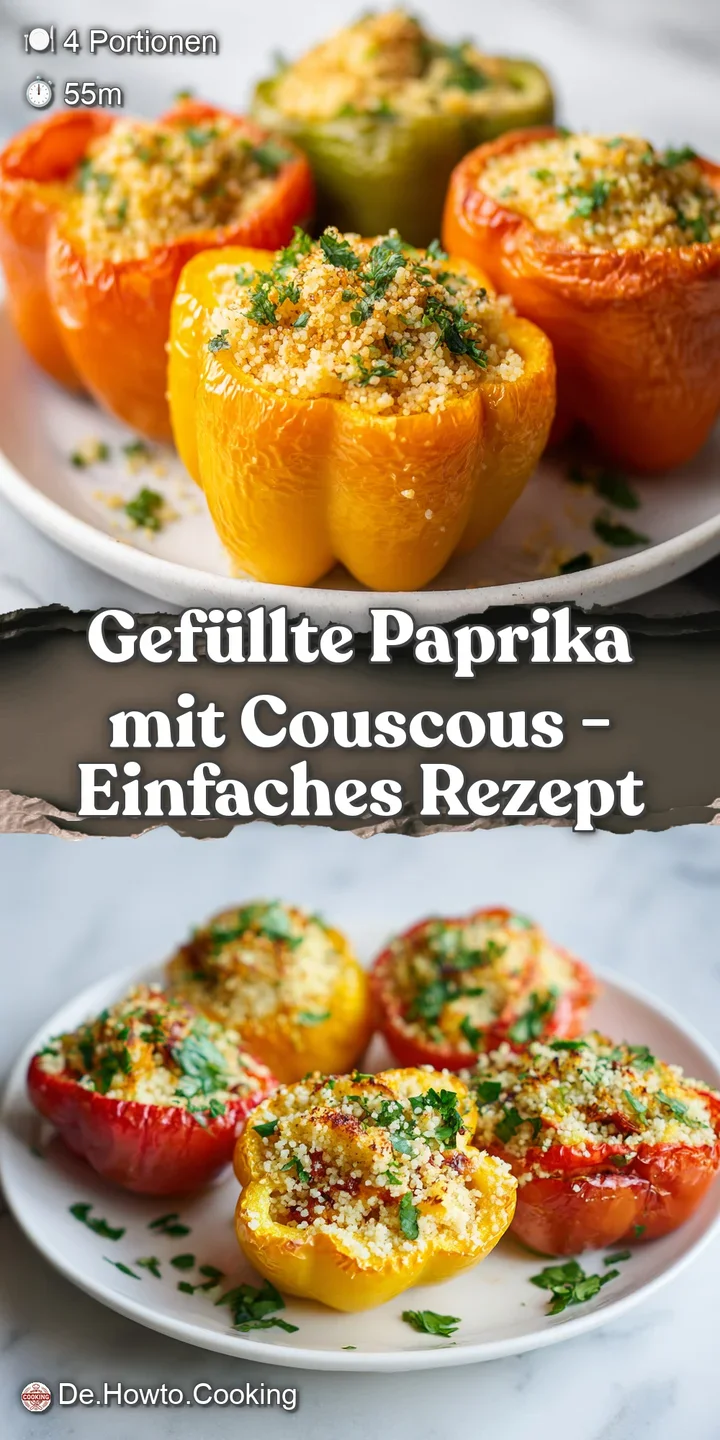 Close-up reveals the textured couscous filling inside a tender bell pepper. Steam rises, hinting at the dish's savory warmth.