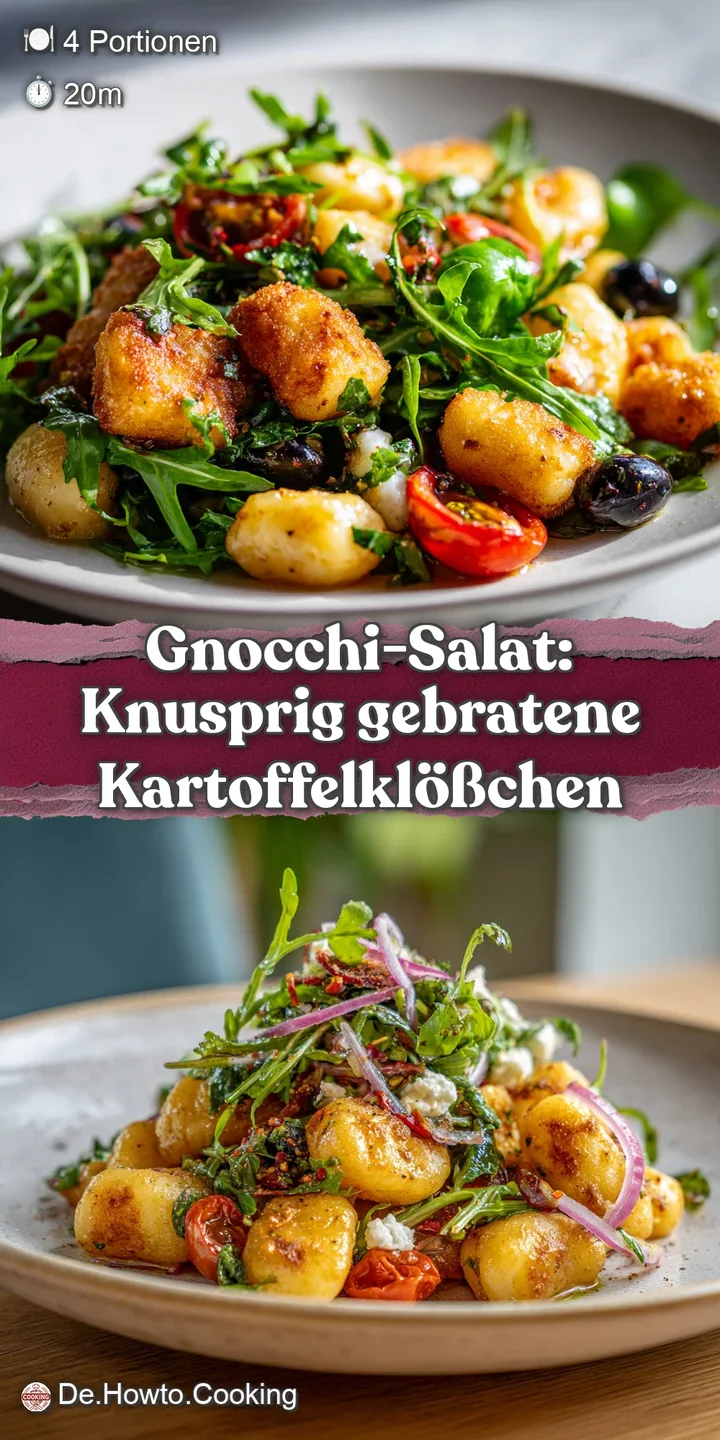 Close-up of crispy, golden gnocchi nestled among fresh basil and ripe cherry tomatoes, glistening with olive oil.