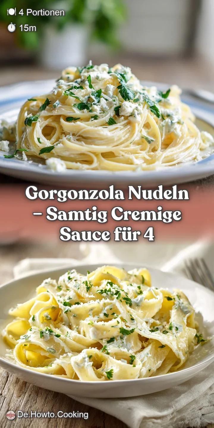 Close-up captures creamy Gorgonzola pasta with glistening sauce, showing melted cheese and speckled herbs, promising a ric...