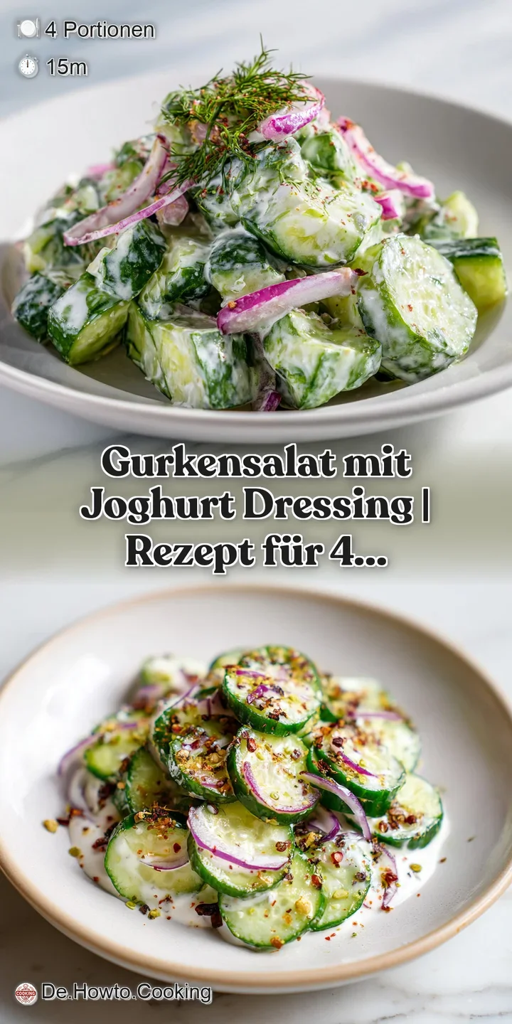 Close-up of refreshing cucumber slices coated in a creamy, herb-flecked yogurt dressing, glistening cool.