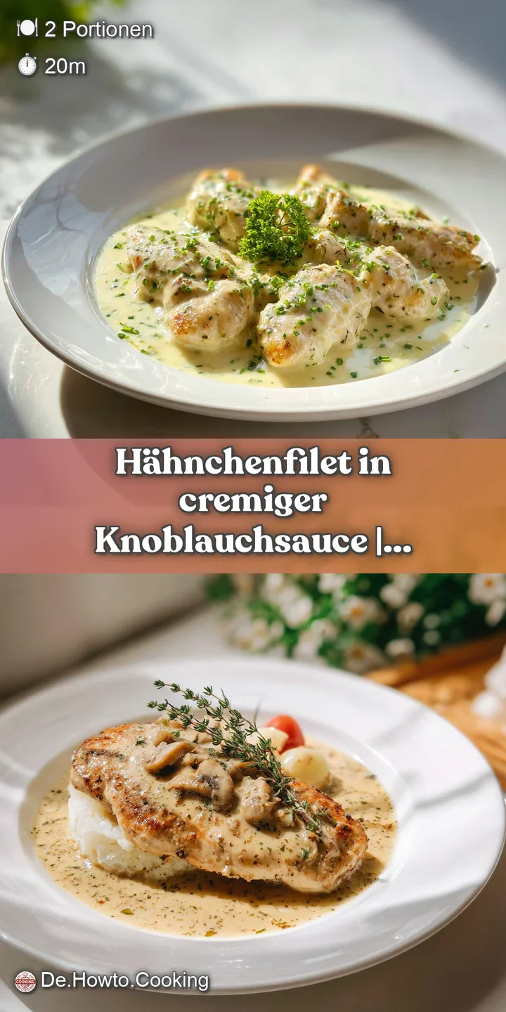 Close-up of juicy chicken breast coated in luscious, pale garlic cream sauce, with a hint of steam rising.