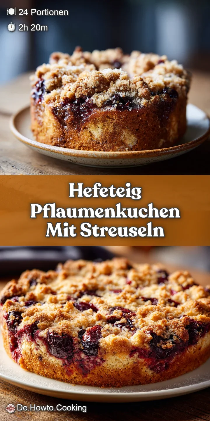 Close-up of a slice of plum cake. Deep purple plums bake into golden dough, the crust lightly dusted with powdered sugar. ...