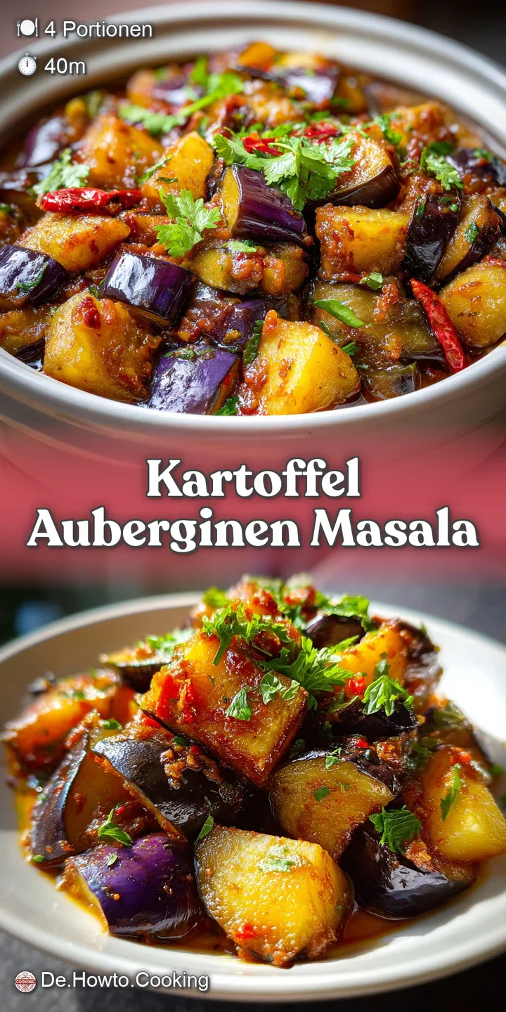 Close-up of tender eggplant and potatoes simmering in a rich, reddish-brown masala sauce with visible spices and herbs.