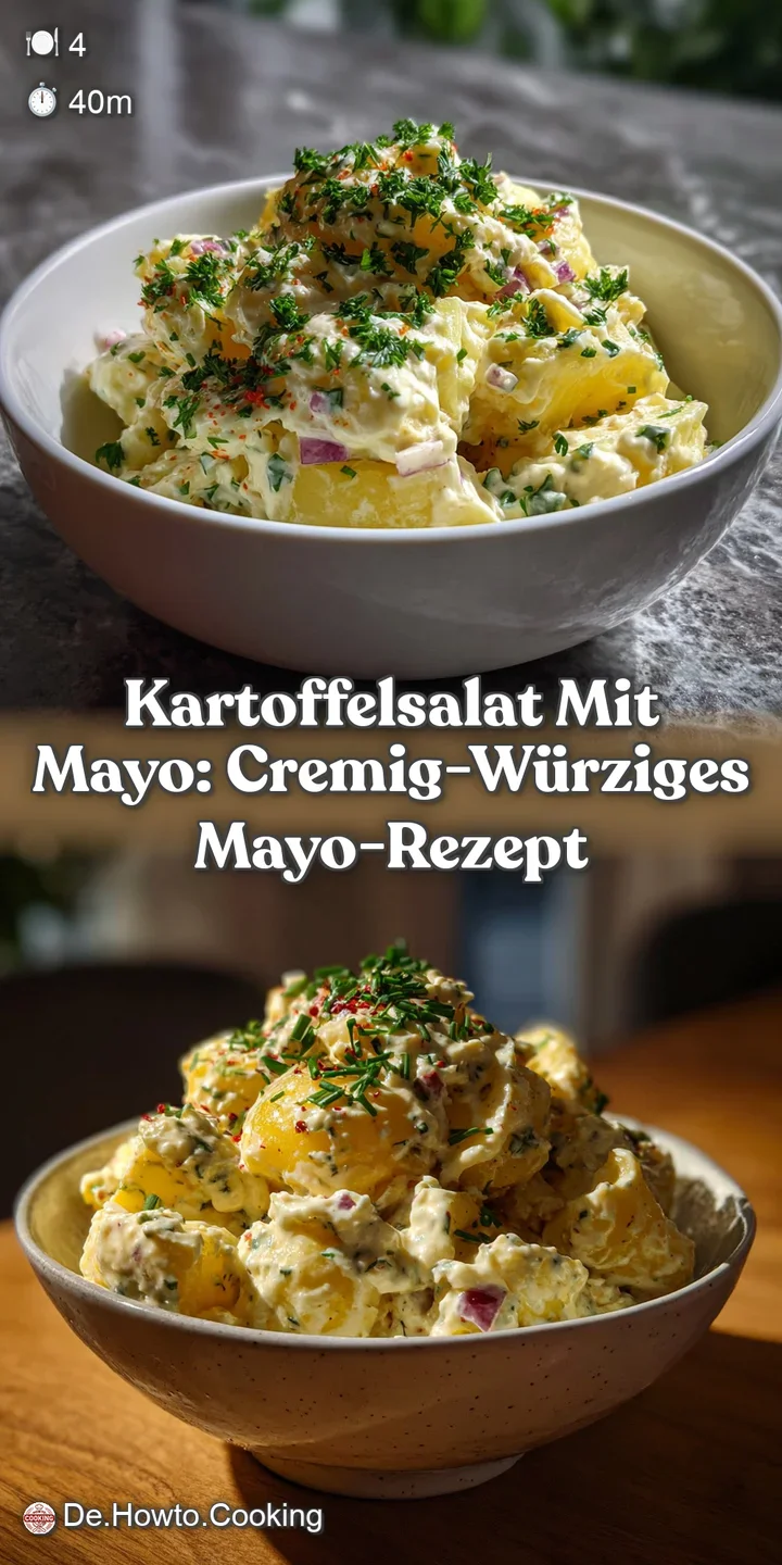 Close-up of creamy potato salad, showcasing a rich, savory aroma. The perfectly cooked potatoes and creamy sauce create a ...