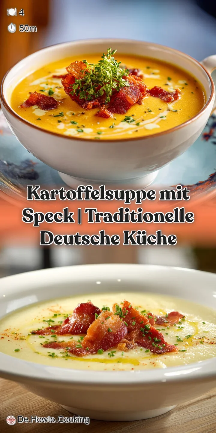 Close-up of thick, creamy potato soup, showing tender potato chunks and glistening bacon pieces, with a fresh herb garnish.