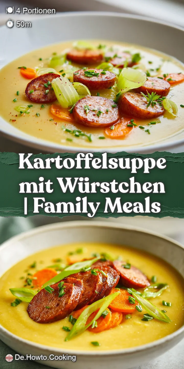 Nahaufnahme einer samtigen, hellen Suppenstruktur mit gl&auml;nzenden, gebratenen W&uuml;rstchen und fein gehackten Kr&auml;utern.