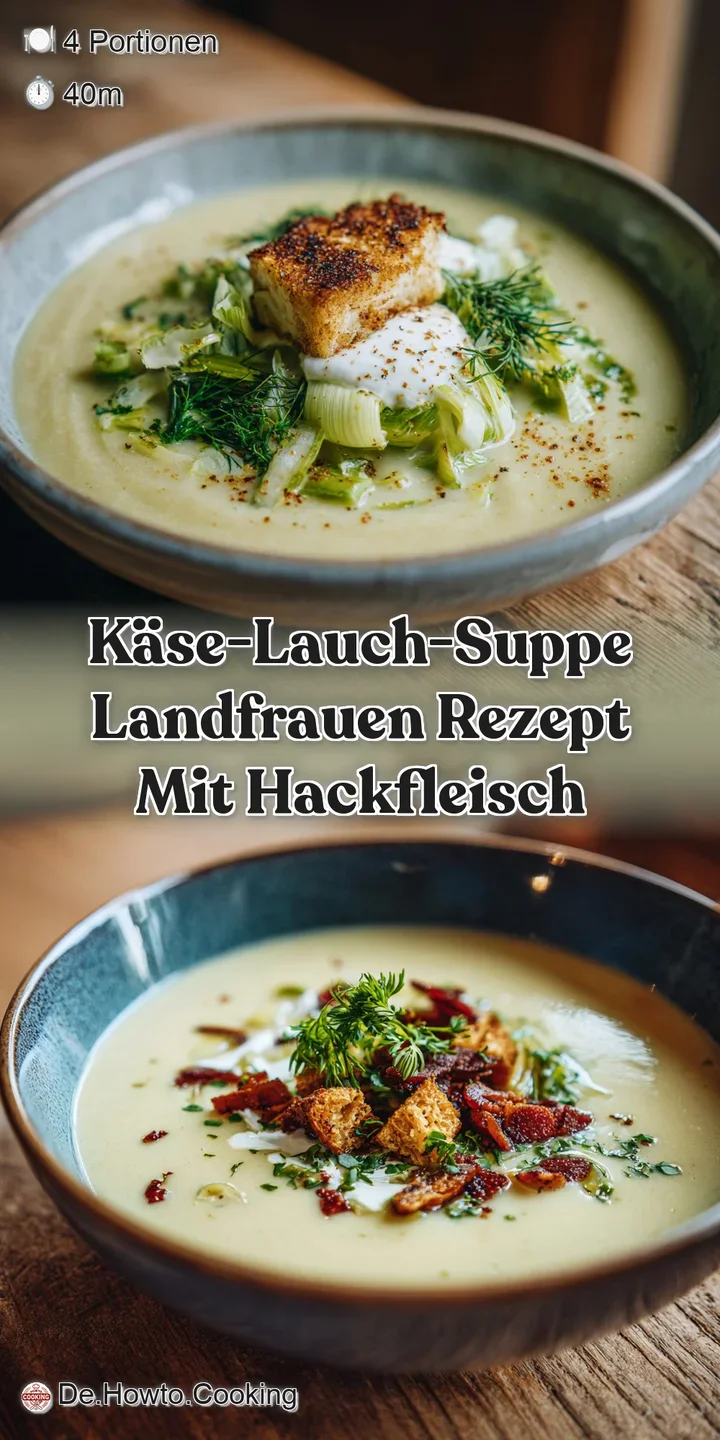 Creamy, rich soup with melted cheese and tender leeks, flecked with seasoned ground meat. Steaming, comforting, and inviting.