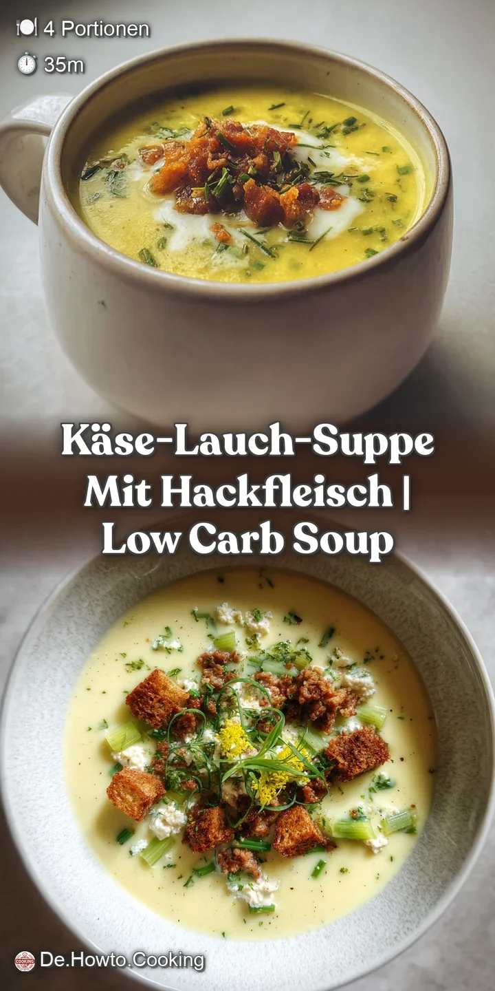 Close-up of steaming, creamy soup with bits of seasoned ground meat, melted cheese, and bright green chives, looking warm ...