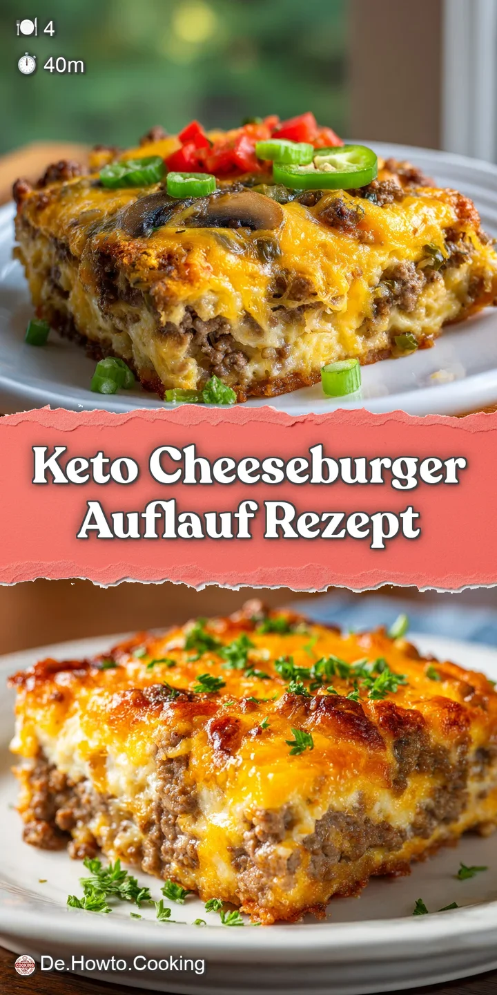 Close-up shows bubbly, browned cheese and savory ground beef in the keto cheeseburger casserole. Warm and inviting, ready ...