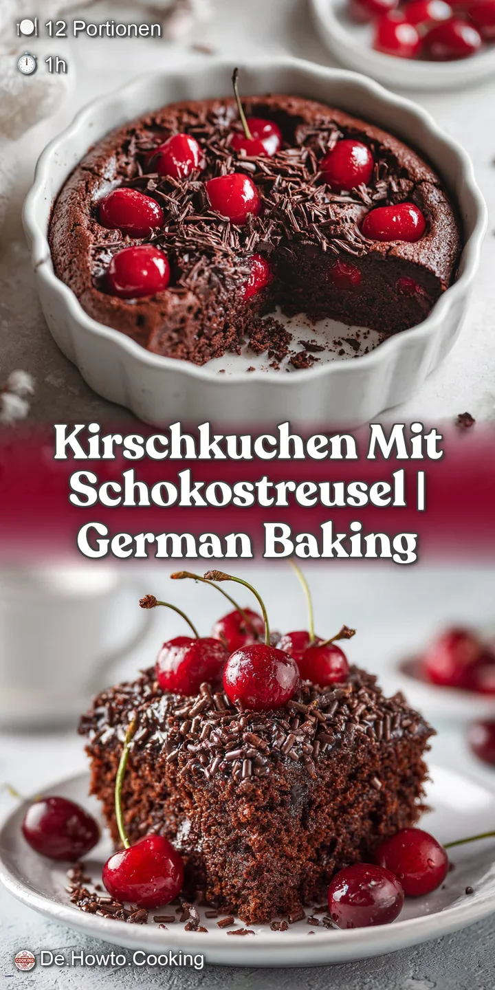 Close-up captures the moist texture of cherry cake, dotted with cherries and a generous layer of rich, dark chocolate stre...