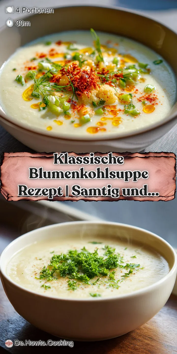Close-up of velvety cauliflower soup with vibrant green herb garnish, showing the comforting steam rising from the warm bowl.