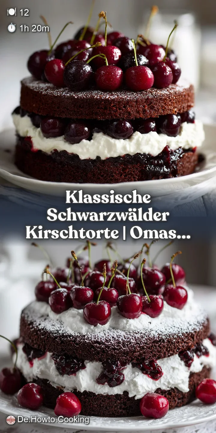 Close-up view of a decadent Black Forest cake with dark chocolate curls and juicy red cherries peeking through the whipped...