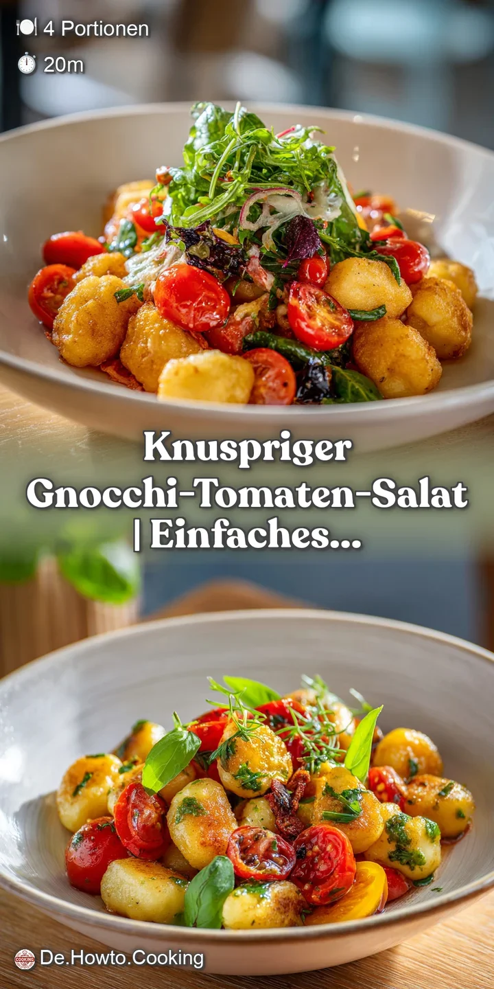 Close-up of glistening gnocchi salad: golden-brown, crispy gnocchi with bursting tomatoes and fragrant herbs, dressed to p...