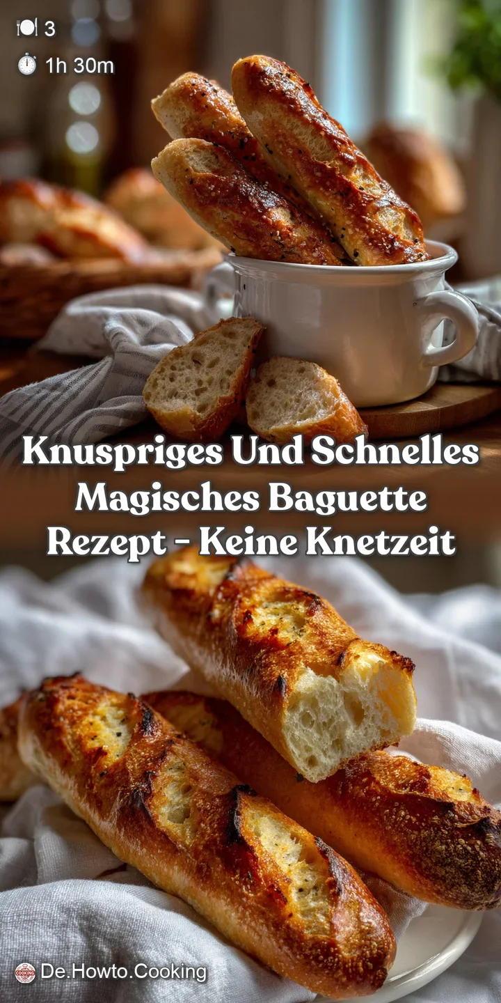 Crusty, golden baguette, torn to reveal a fluffy, airy interior. Steam rises, inviting a bite of the quick, easy bread.