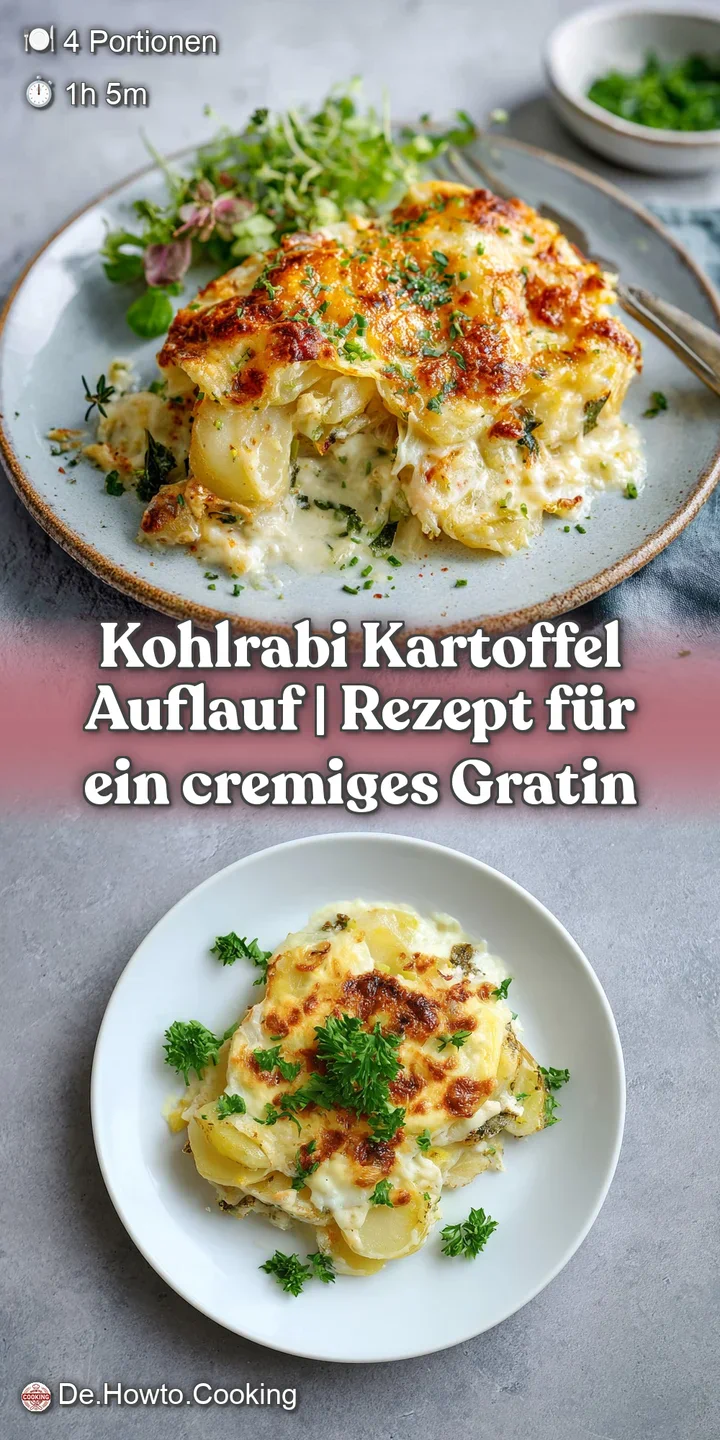 Close-up of tender kohlrabi and potato layers in a rich, creamy bake, showing a crisp golden topping.