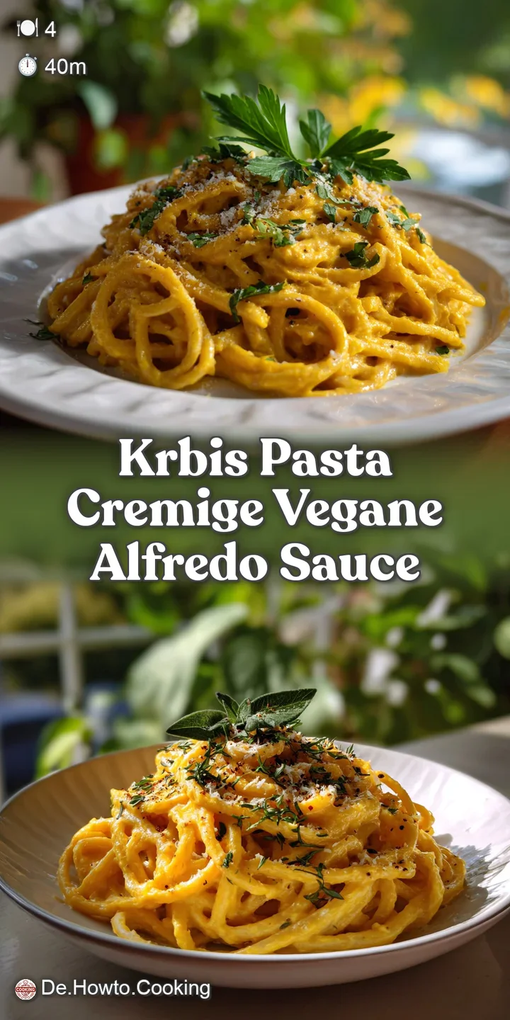 Close-up reveals the rich, velvety texture of the vegan Alfredo clinging to the pasta. Glimmers of olive oil add subtle sh...