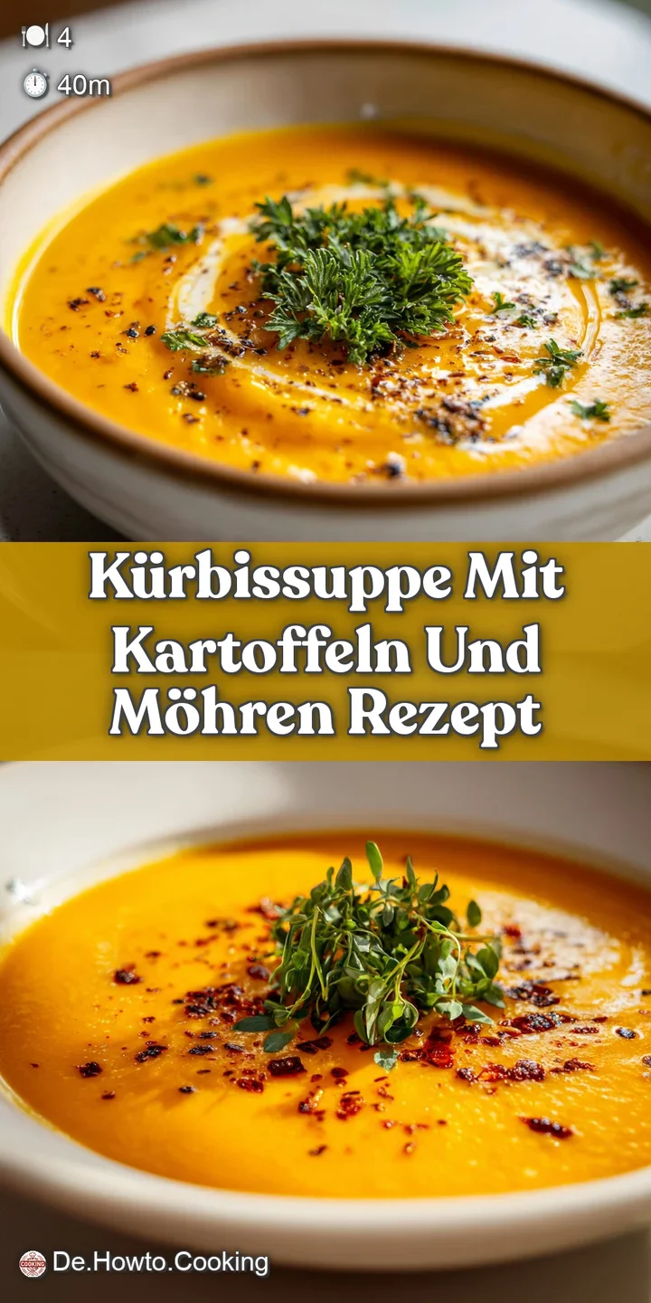 Close-up reveals the velvety texture of pumpkin soup, flecked with savory potato and herb bits. Steam rises, promising com...
