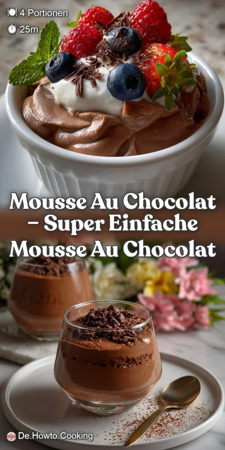A close-up reveals the airy texture of the chocolate mousse, with visible air bubbles and a glistening, smooth surface. De...