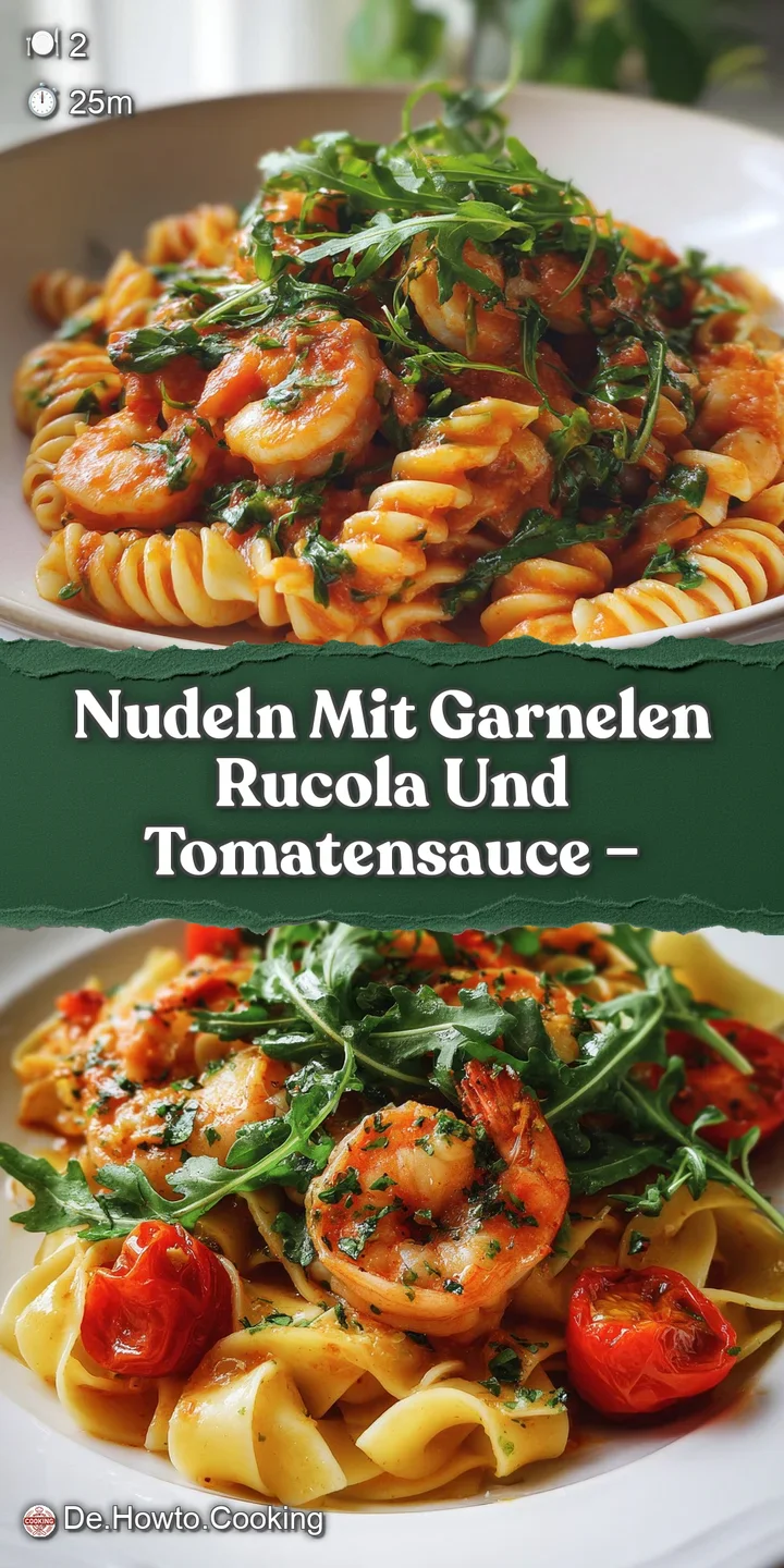 Close-up: Shiny tomato sauce coating al dente noodles, with succulent shrimp and fresh arugula creating an inviting texture.