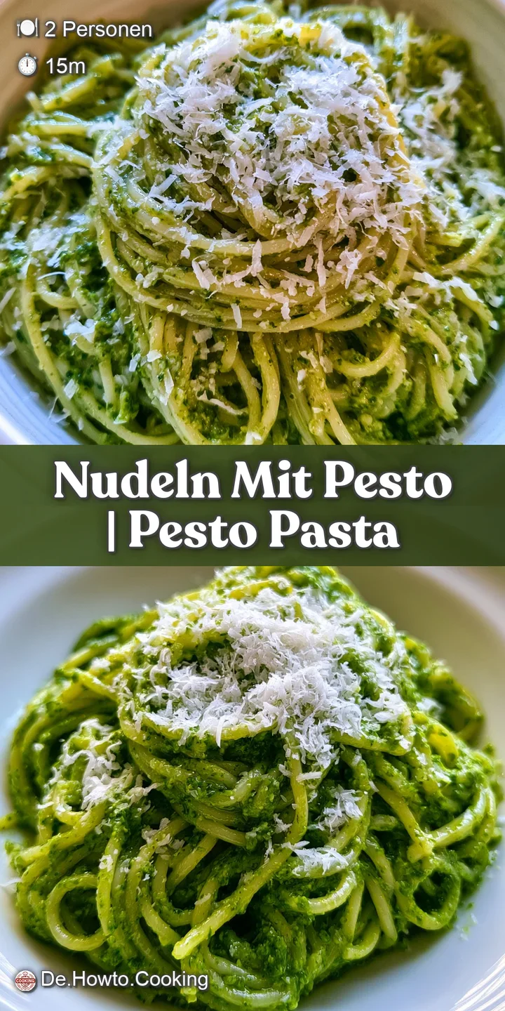 Nahaufnahme von dampfenden Nudeln, dick eingestrichen mit grobem, gr&uuml;nem Pesto und zarten, geschmolzenen K&auml;sesplittern.